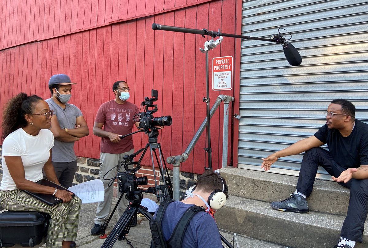 Director Sonja Sohn (left) interviewing Salon's D. Watkins (right) in "The Slow Hustle" (HBO)