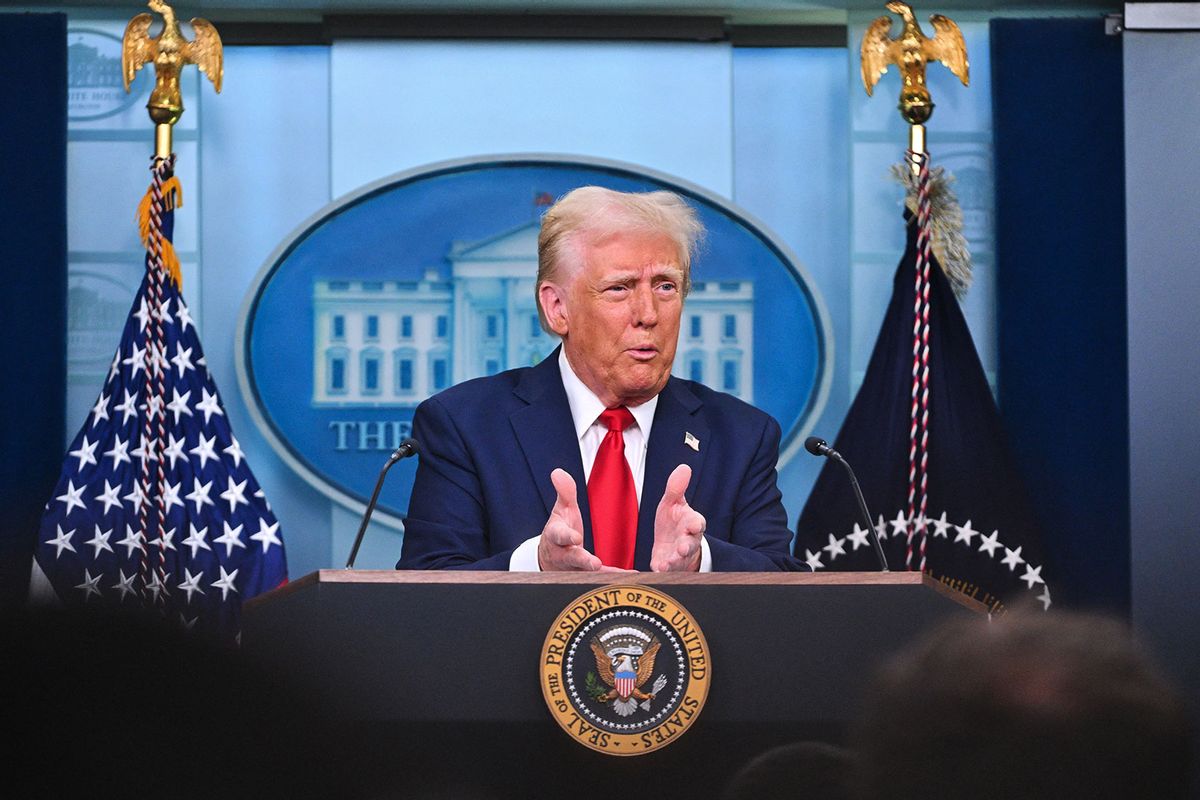 US President Donald Trump speaks about the mid-air crash between American Airlines flight 5342 and a military helicopter in Washington, in the Brady Press Briefing Room at the White House on January 30, 2025 in Washington, DC. (ROBERTO SCHMIDT/AFP via Getty Images)